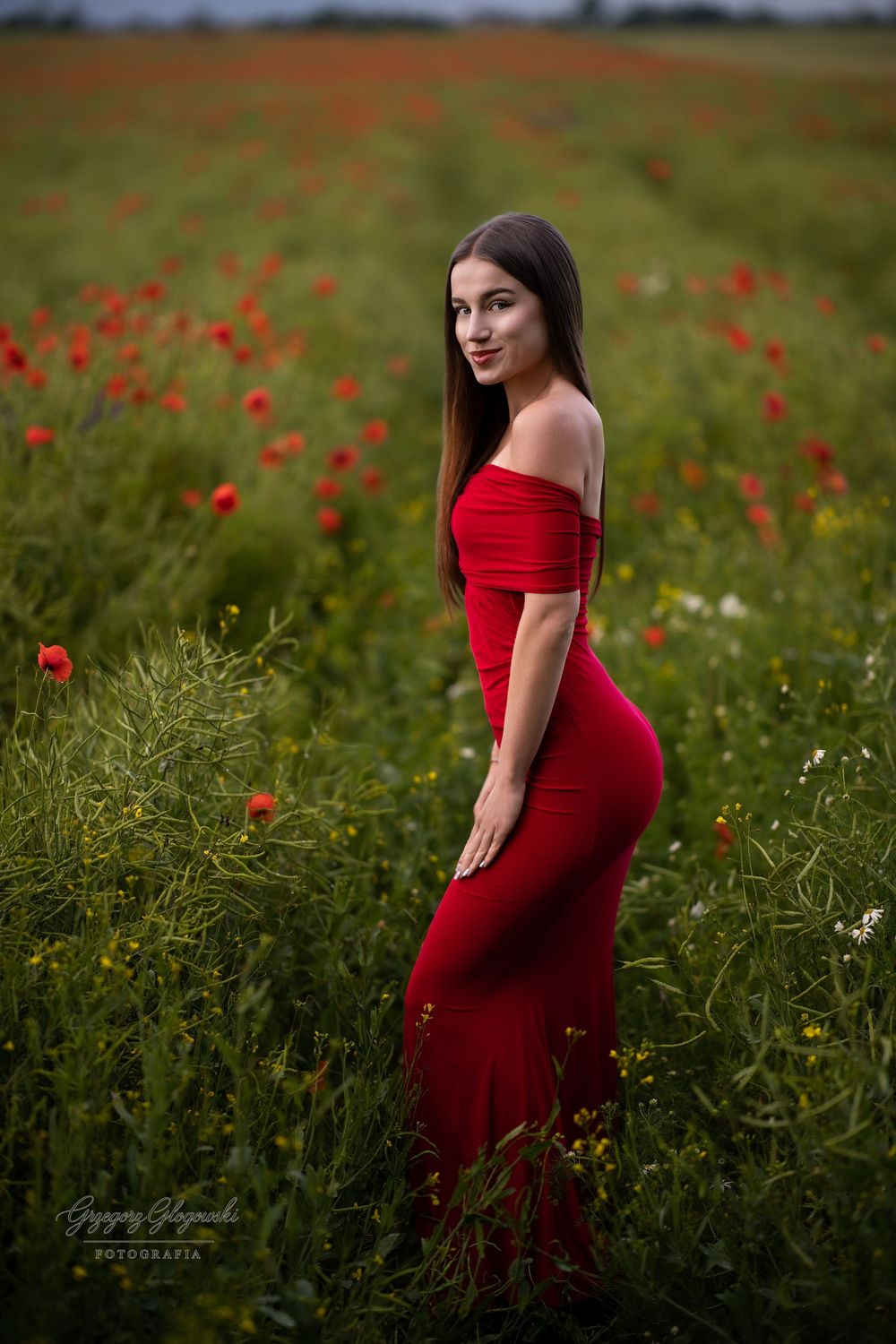 Young woman in elegant red off-shoulder dress stands in vibrant poppy field.