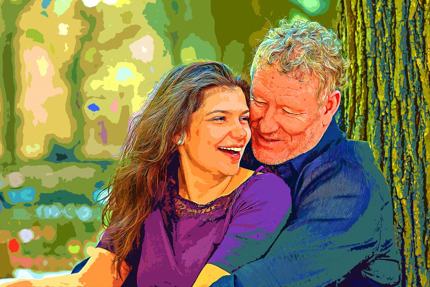 Happy couple sitting on green grass in a sunny park, surrounded by lush trees, smiling together outdoors.