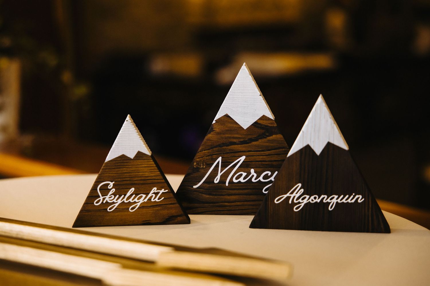 Rustic wooden mountain-shaped table name signs with white calligraphy reading Skylight, Marci, and Algonquin.