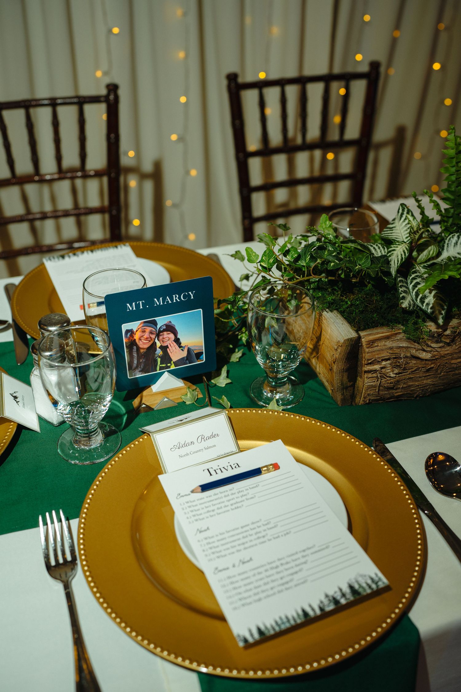Elegant wedding table setting with gold charger plates, green tablecloth, fern centerpiece, and mountain-themed place cards.