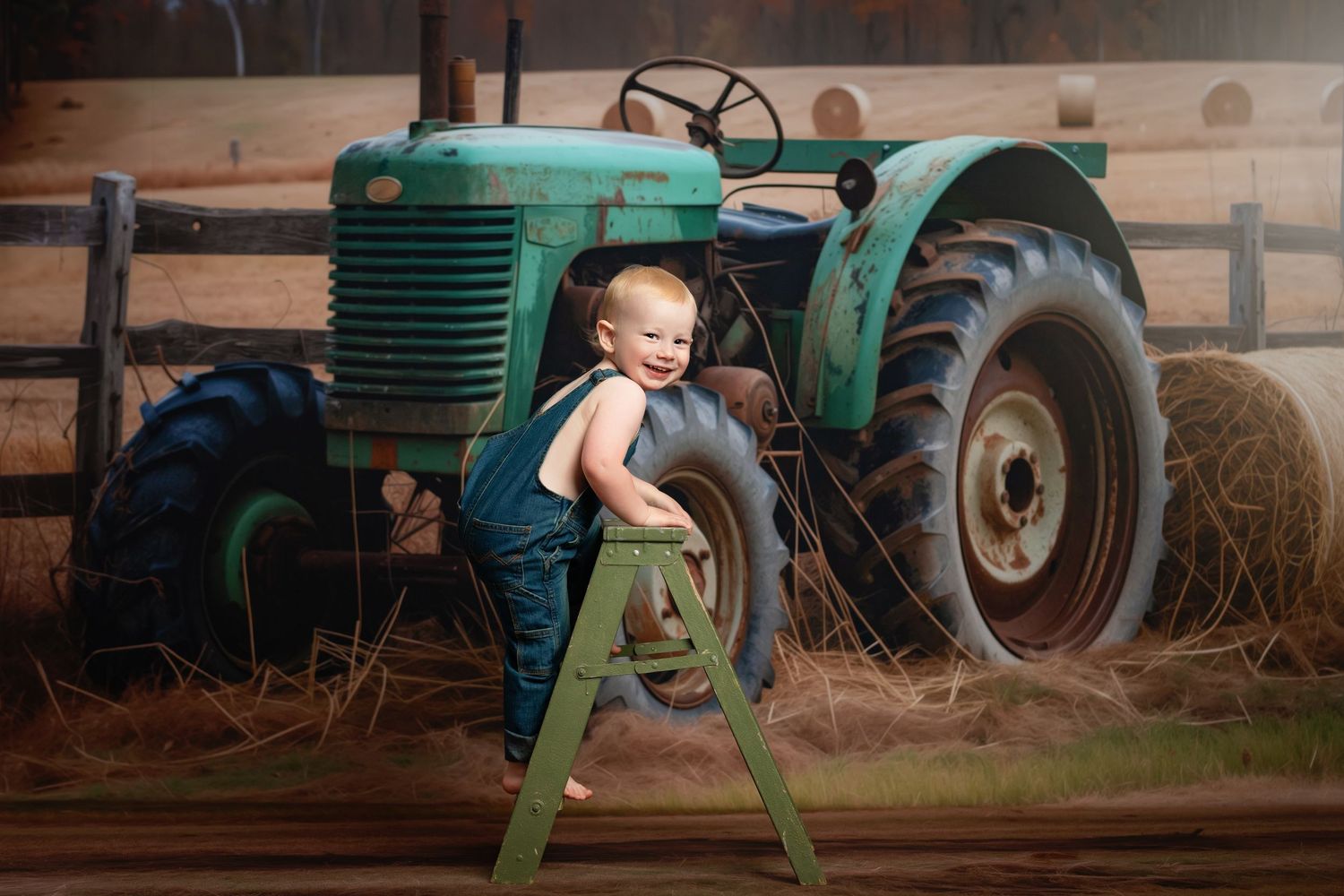 A laughing toddler in denim overalls poses beside a vintage green tractor in a rustic barn setting.