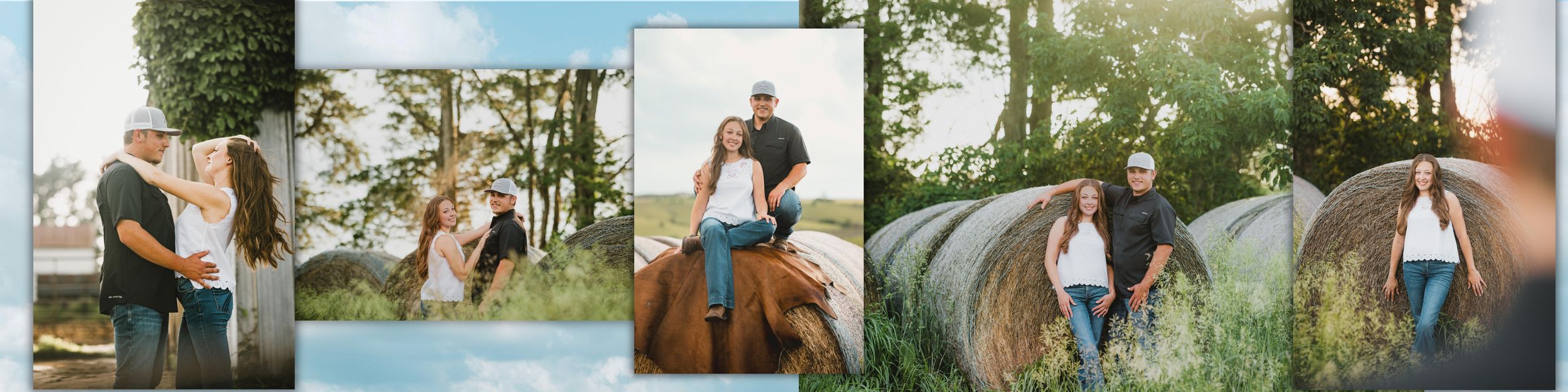 Couple poses romantically outdoors near hay bales and trees during golden hour engagement photo session.