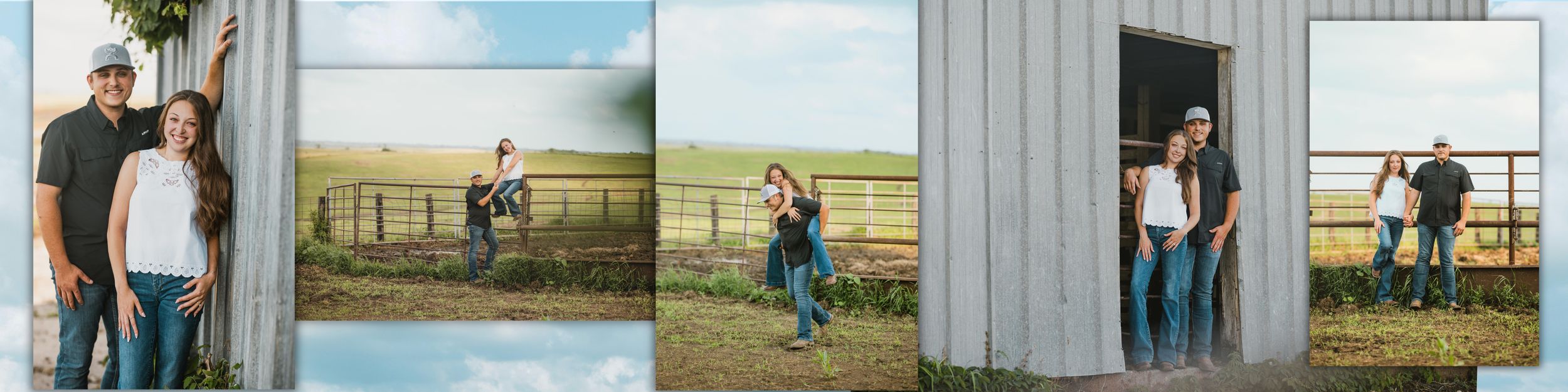 Couple poses by rustic barn and fence in green countryside field during outdoor engagement photo session.