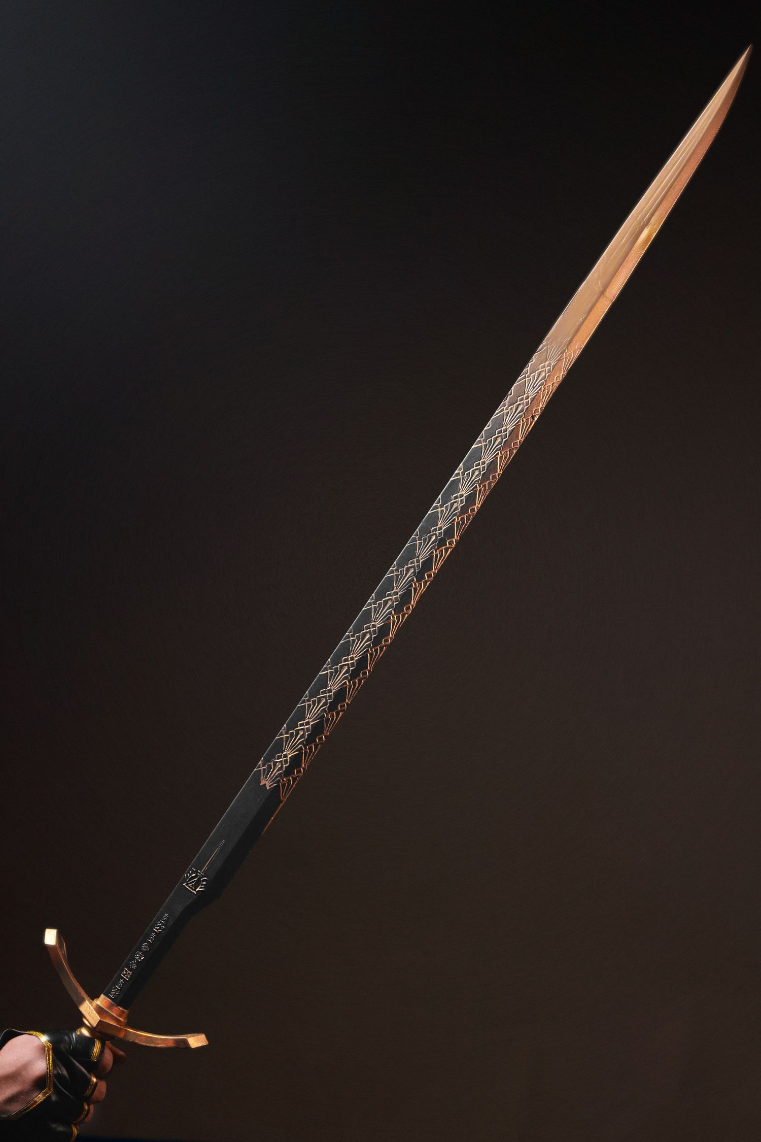 Fantasy warrior in ornate blue and gold armor holding a long sword, viewed from behind against dark background.