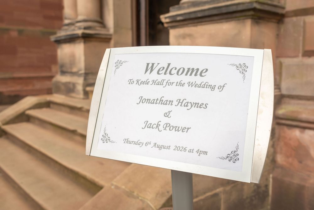 Wedding welcome sign for Jonathan Haynes and Jack Power at Kyele Hall, Thursday 8th August 2016 at 3pm.