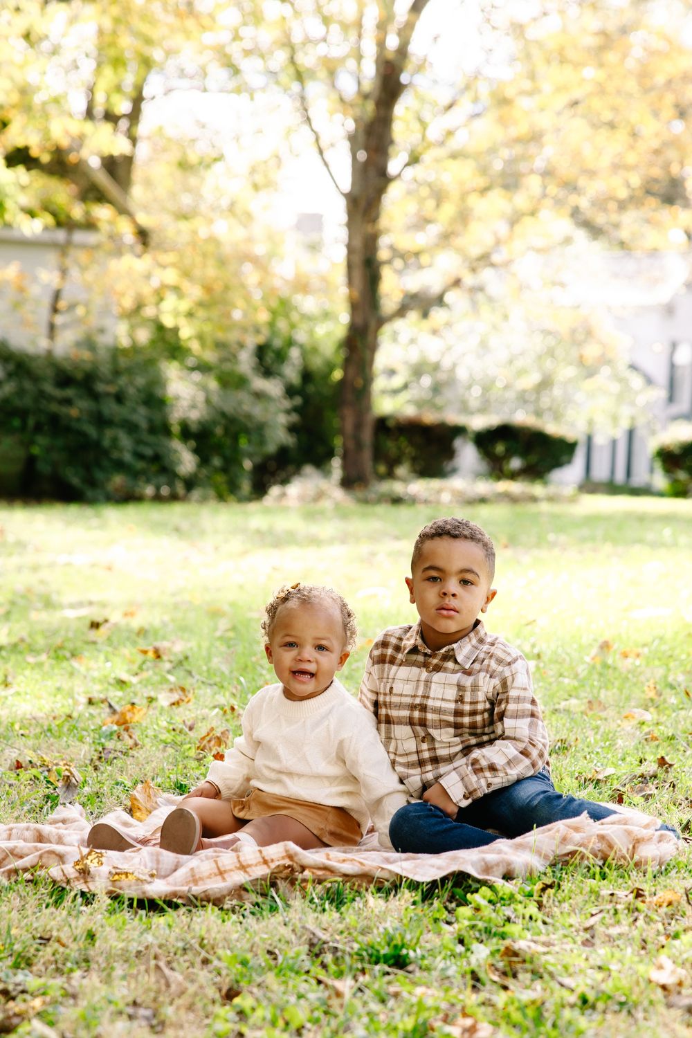 Two young children sitting on a blanket in a sunny autumn park with golden leaves and green grass.