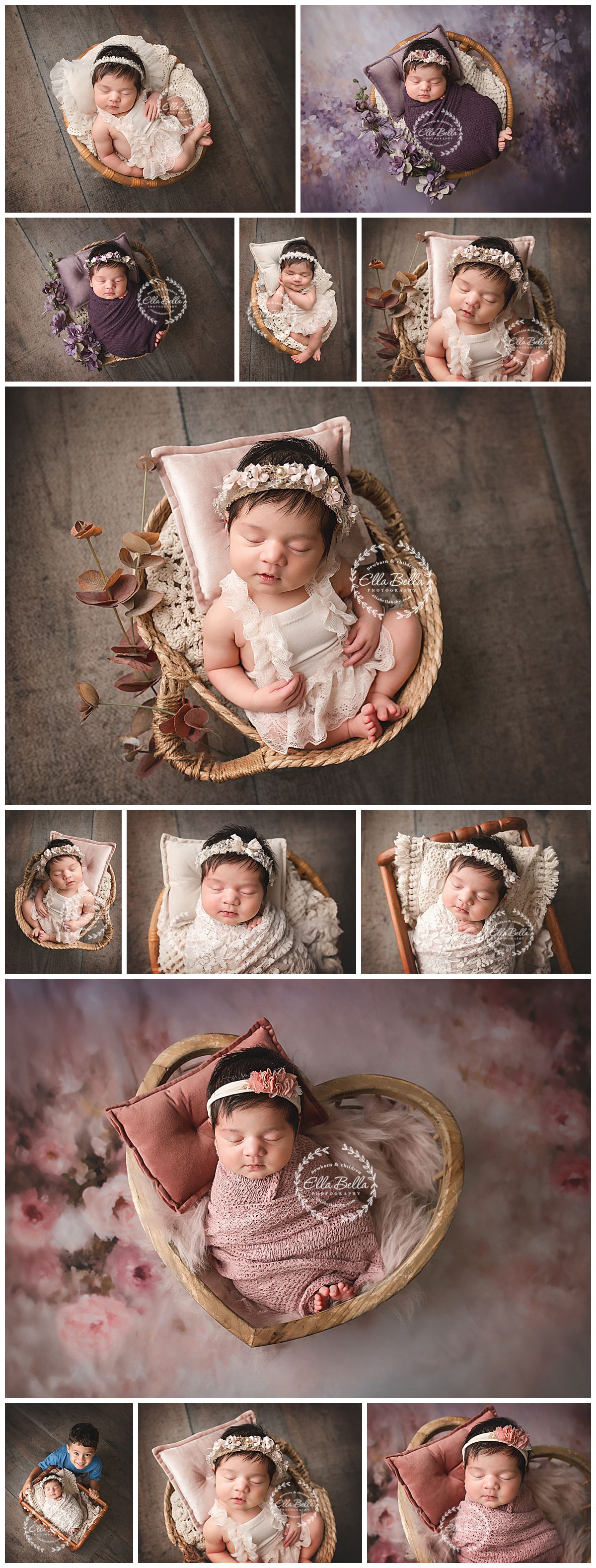 Newborn baby girl posed in baskets and heart bowl with floral headbands, wrapped in pink and purple for studio photography.