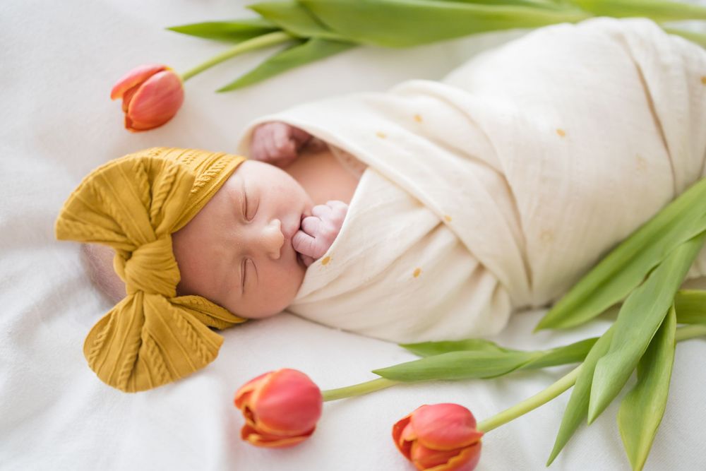 Newborn baby swaddled in white wrap with mustard bow headband sleeping among pink tulips. Images at Fort Sanders Medical Center in Knoxville