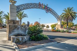 Decorative metal entrance arch with stone pillars, a small stone water fountain, and palm trees along a sunny landscaped neighborhood road.