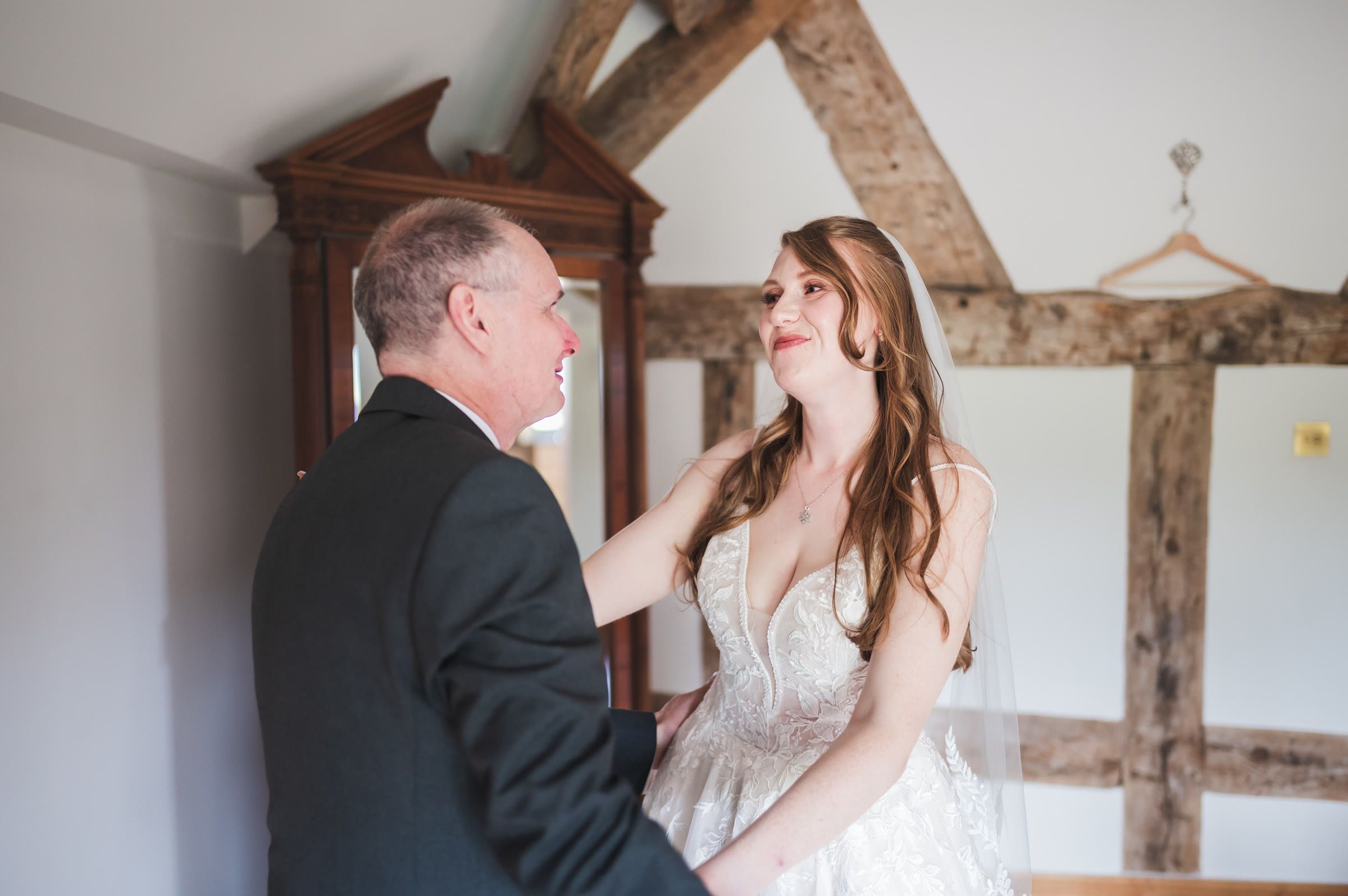 Charlotte with her father in the ceremony room at Merrydale Manor