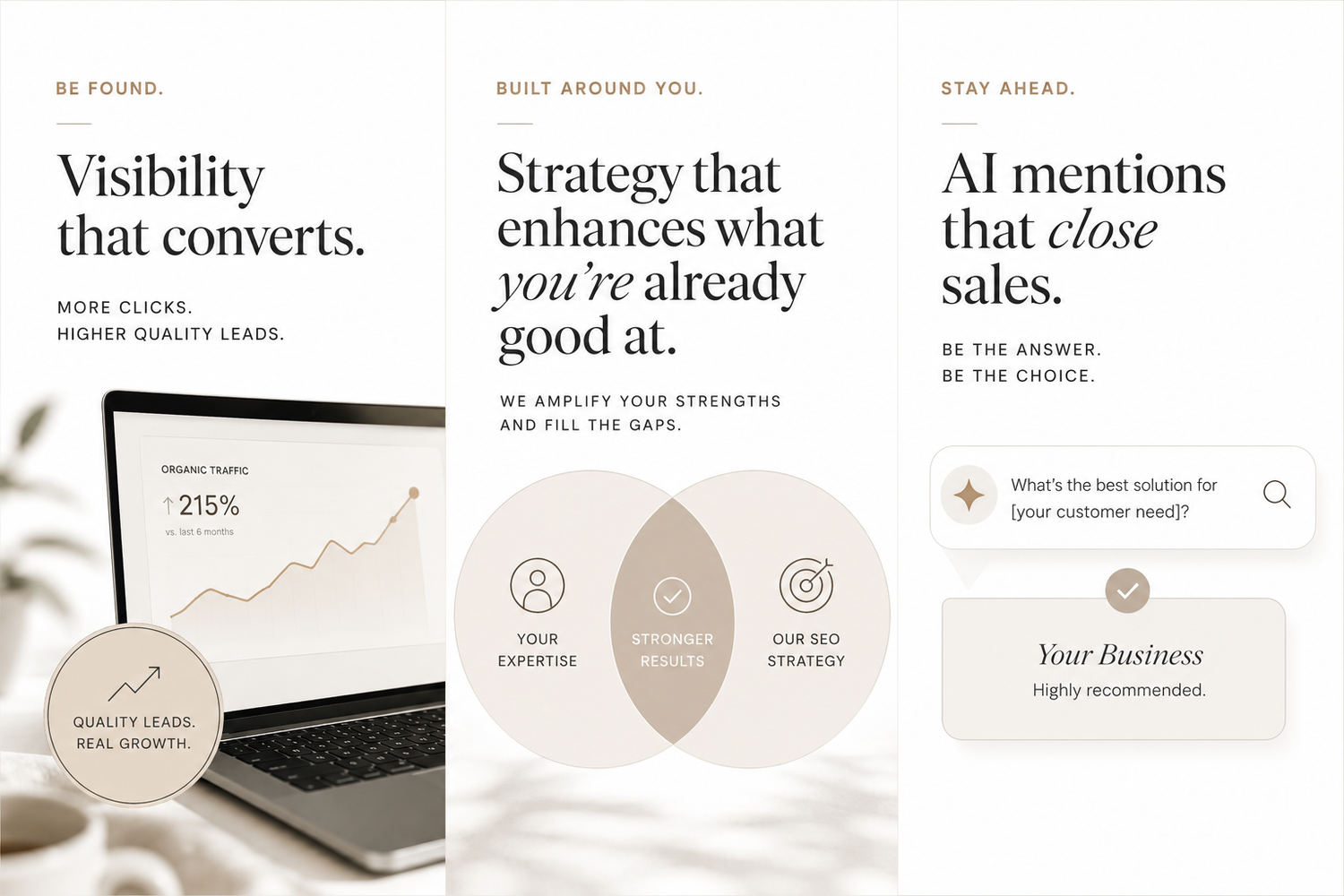 Marketing agency triptych showcasing visibility, strategy, and AI-driven sales solutions with clean beige design and growth metrics.