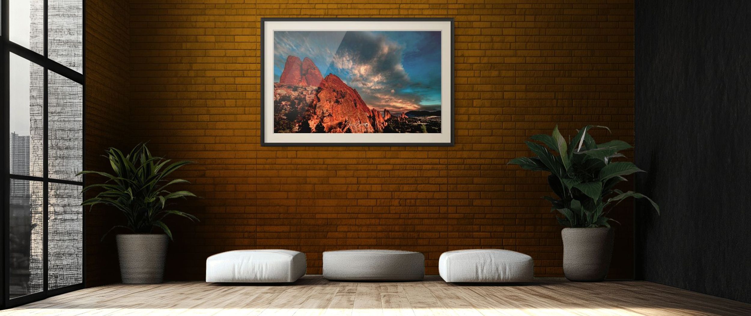 Framed Colorado landscape fine art photography displayed in a luxury living room interior