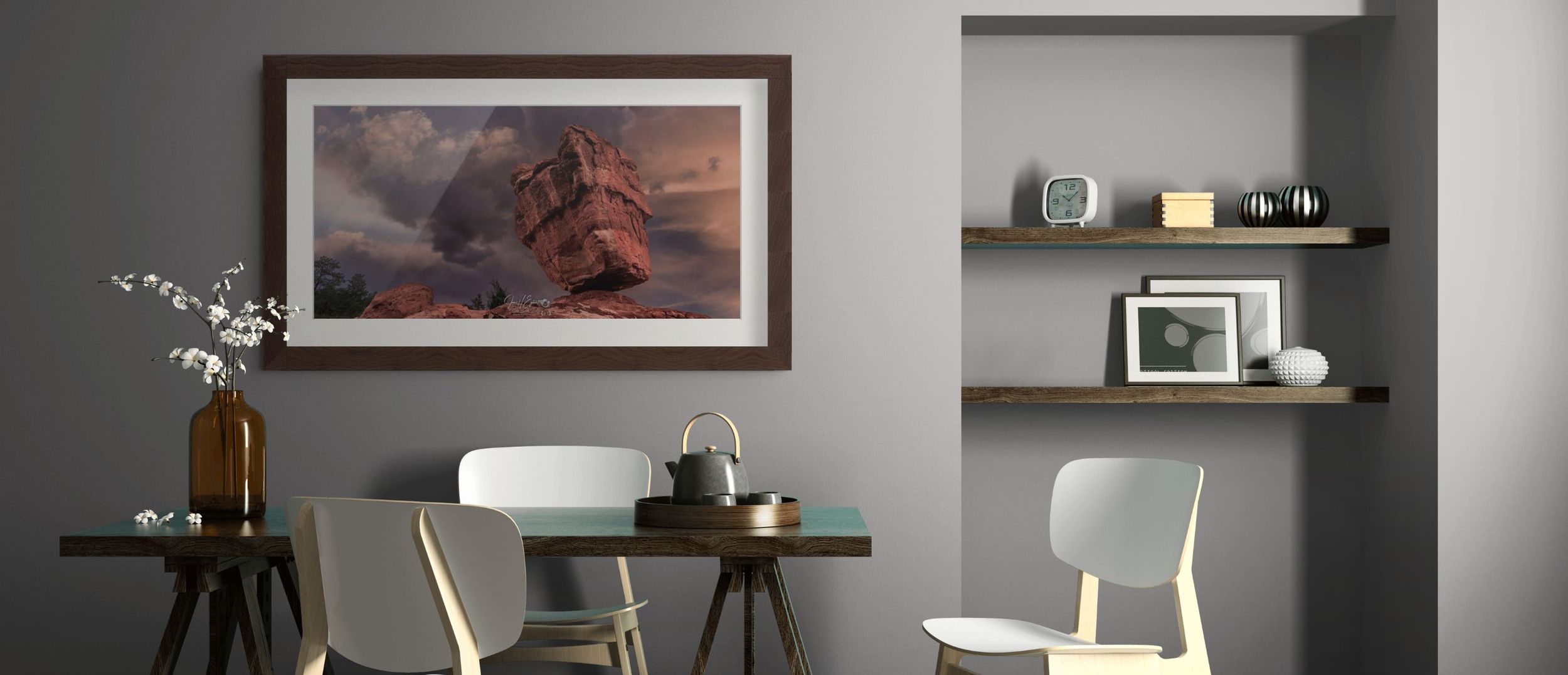 Framed Colorado landscape fine art photography displayed in a luxury living room interior