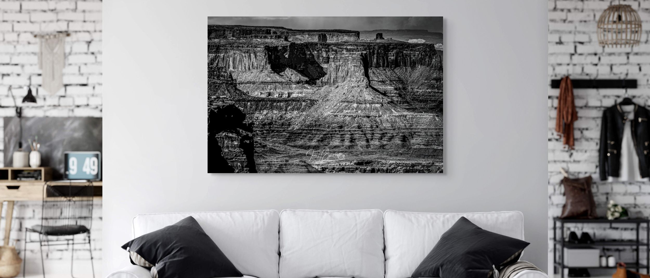 Framed Utah landscape fine art photography displayed in a luxury living room interior