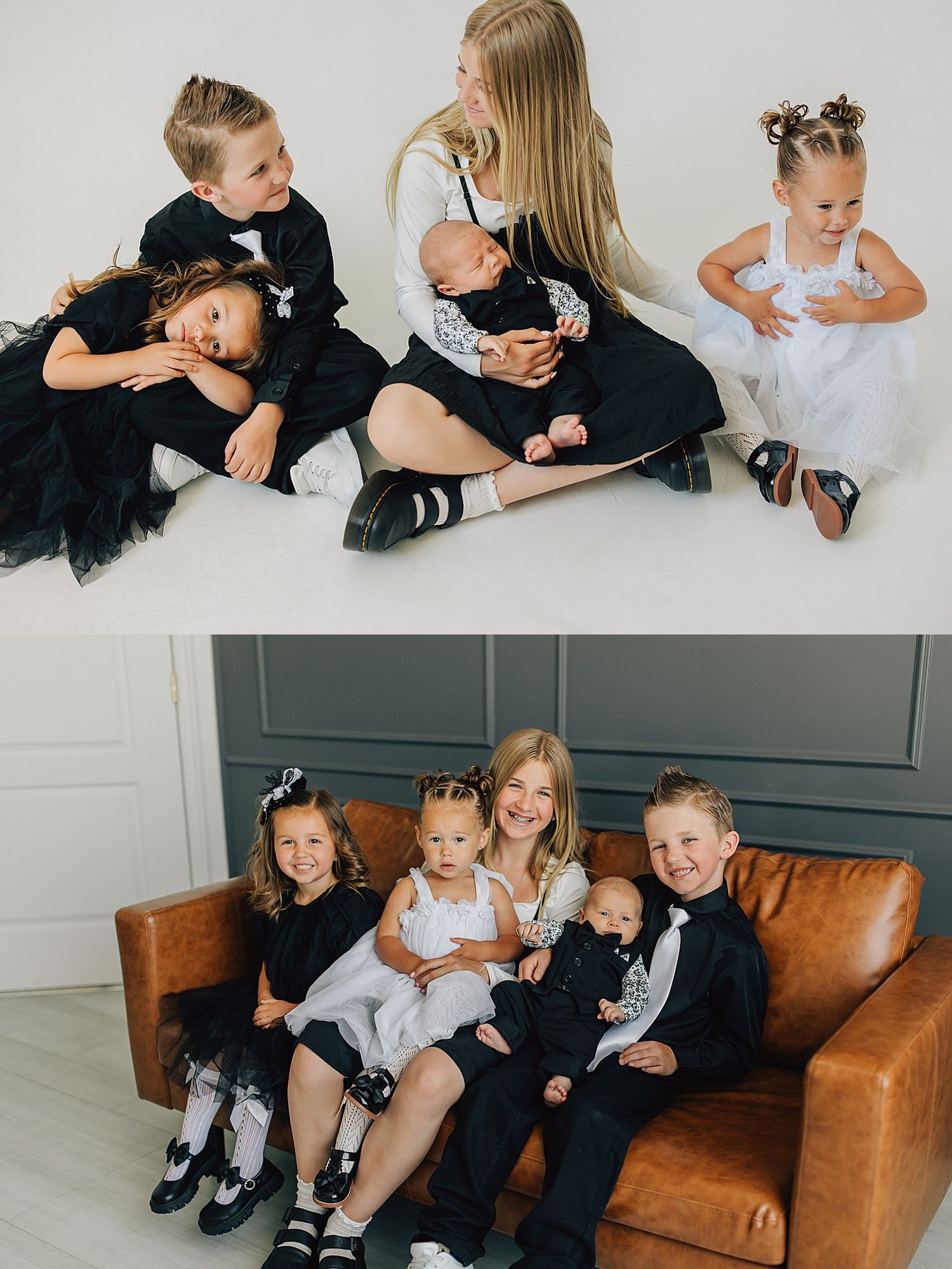 Family portrait of four children in black and white formal attire, with oldest girl holding newborn baby, in studio setting.