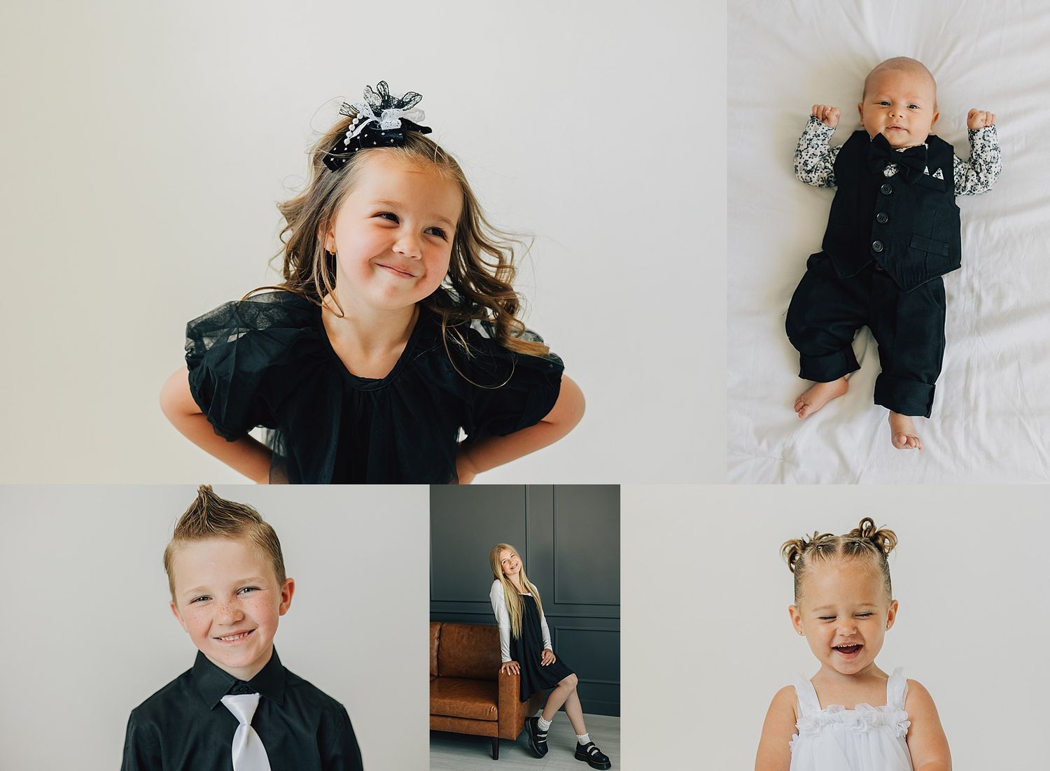 Collage of four children in black outfits, including a smiling girl, baby, boy with tie, and laughing toddler.