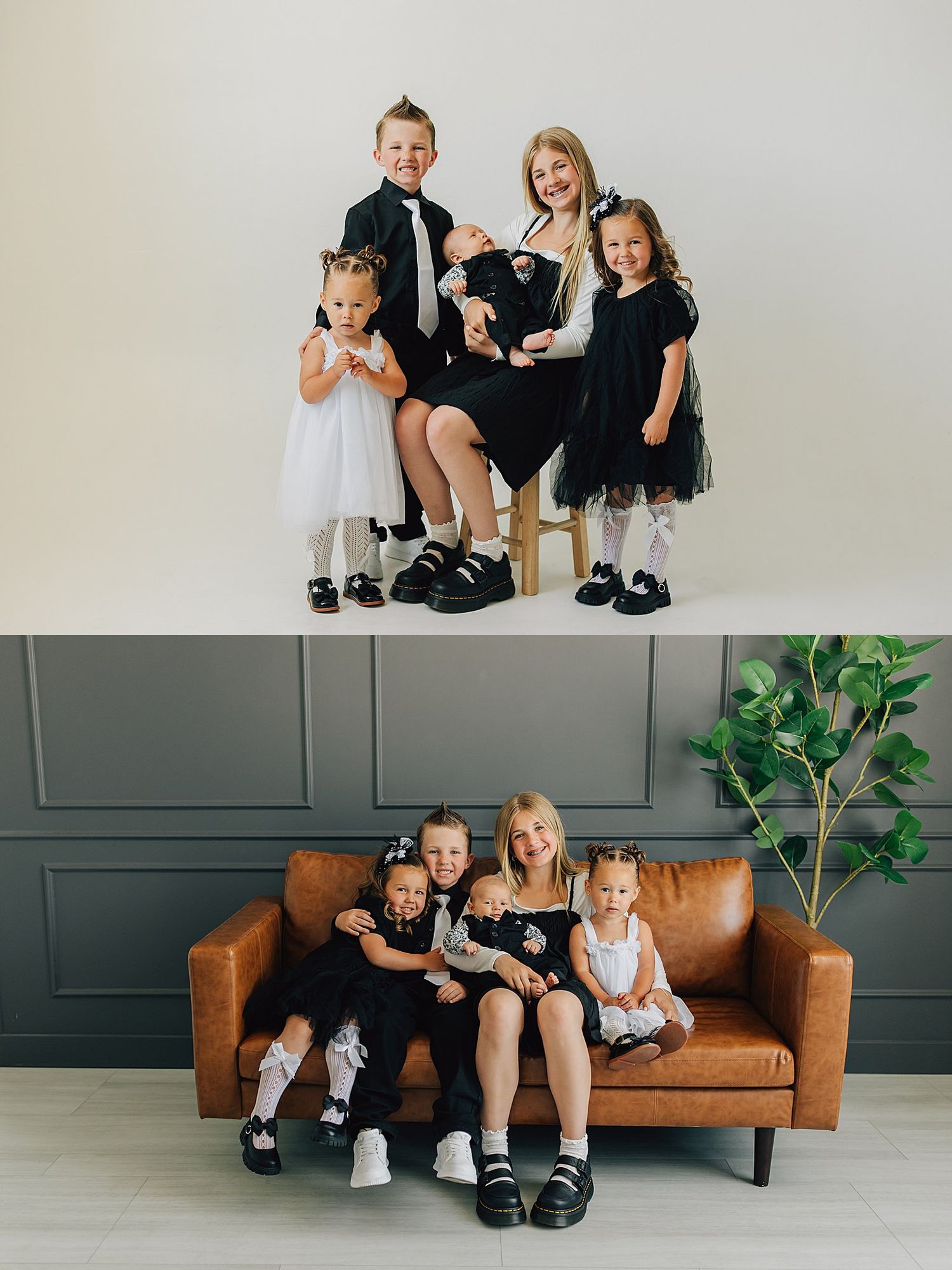 Family portrait of five children in formal attire, posing together in two settings, a studio and a modern living room.
