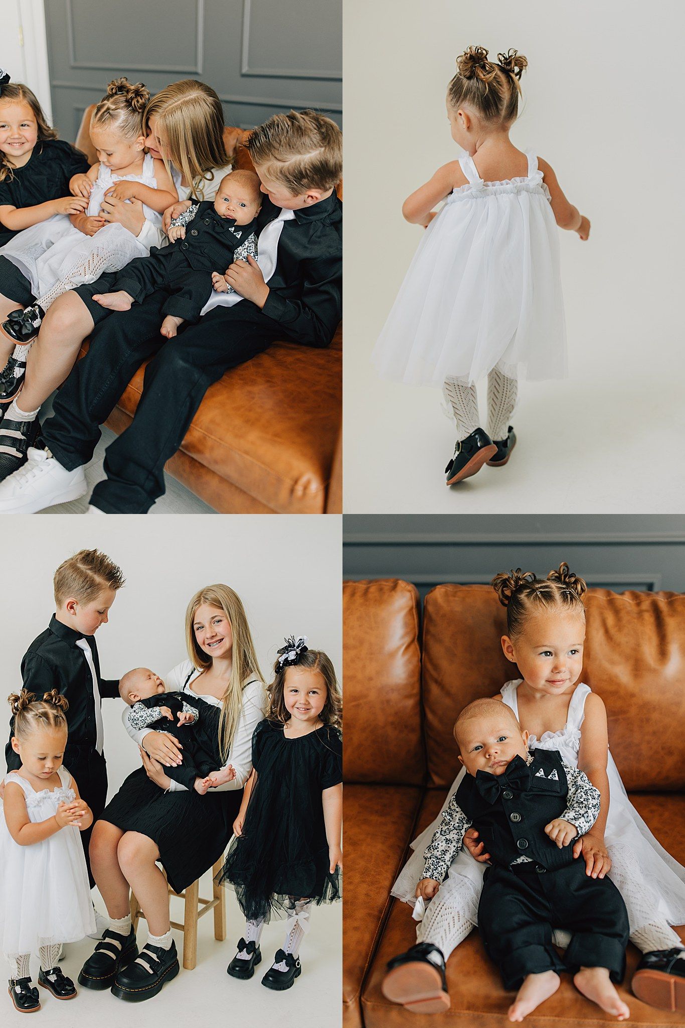 A collage of children dressed in black and white formal outfits posing together on a leather sofa.