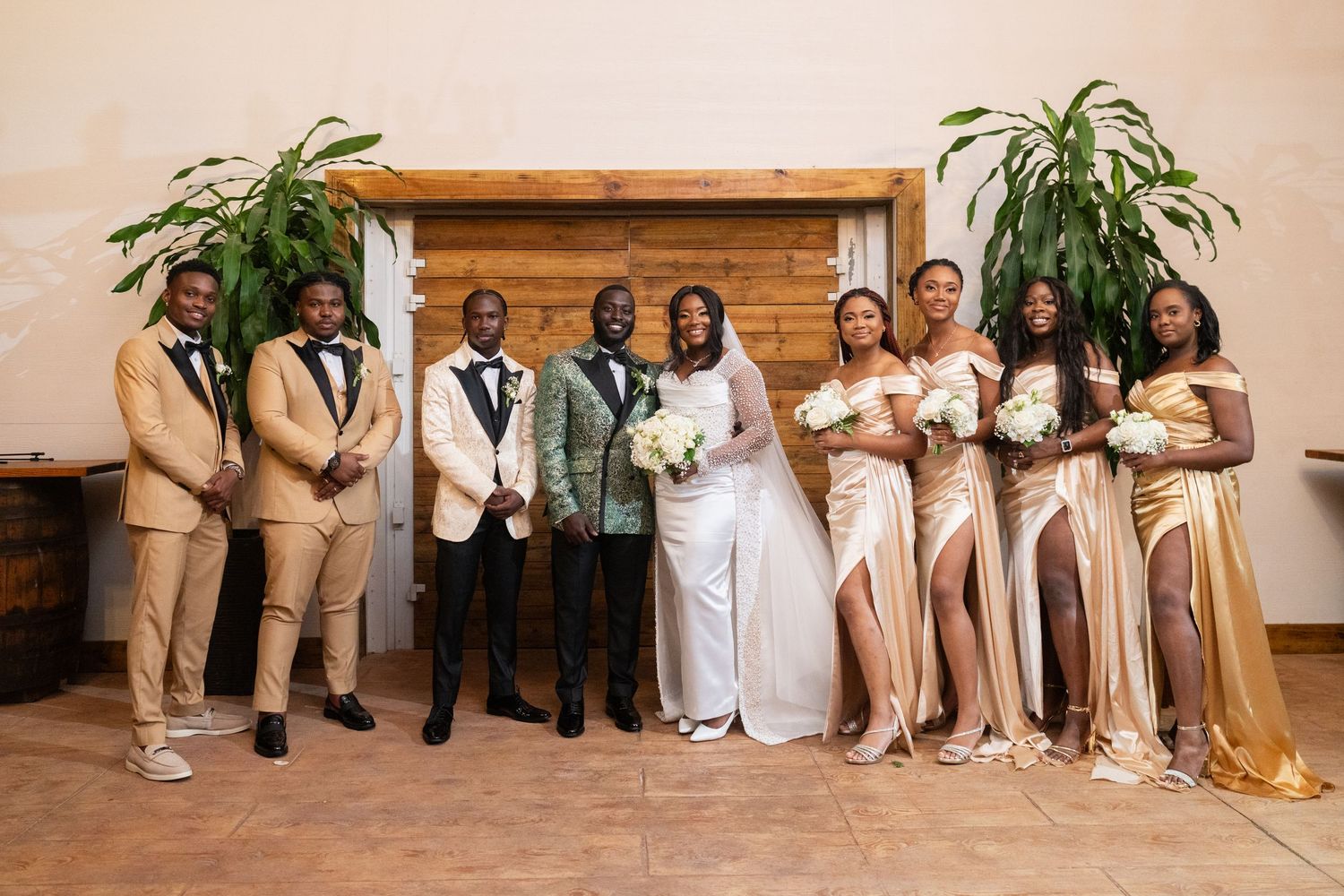Nigerian wedding bridal party group portrait white dresses Orlando Florida