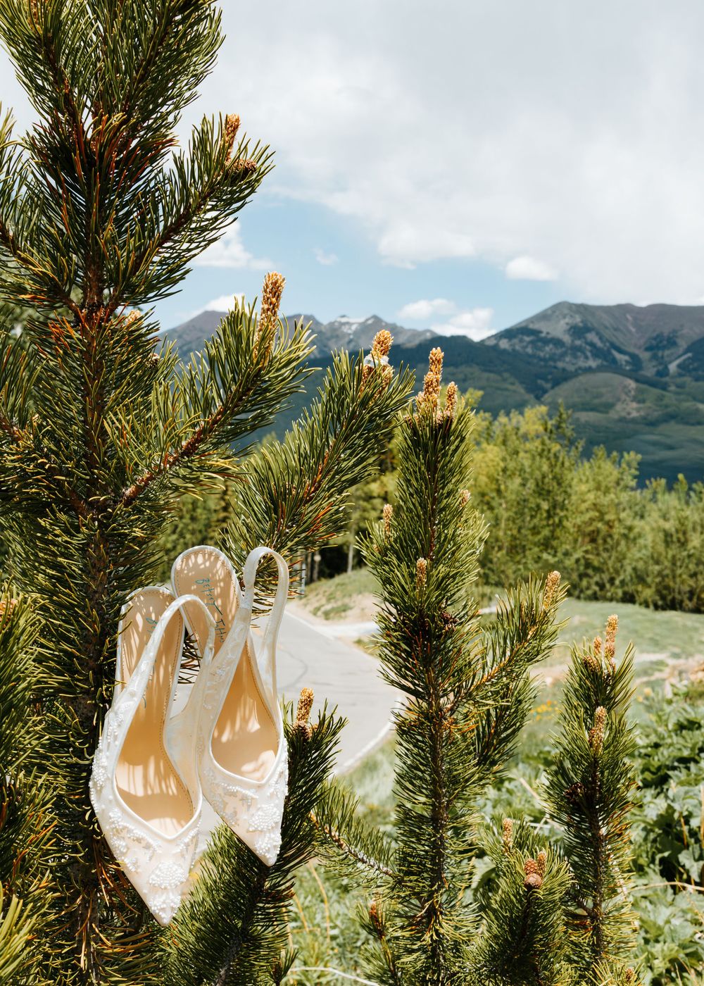 White lace bridal heels displayed on pine tree branches with scenic mountain landscape in background.
