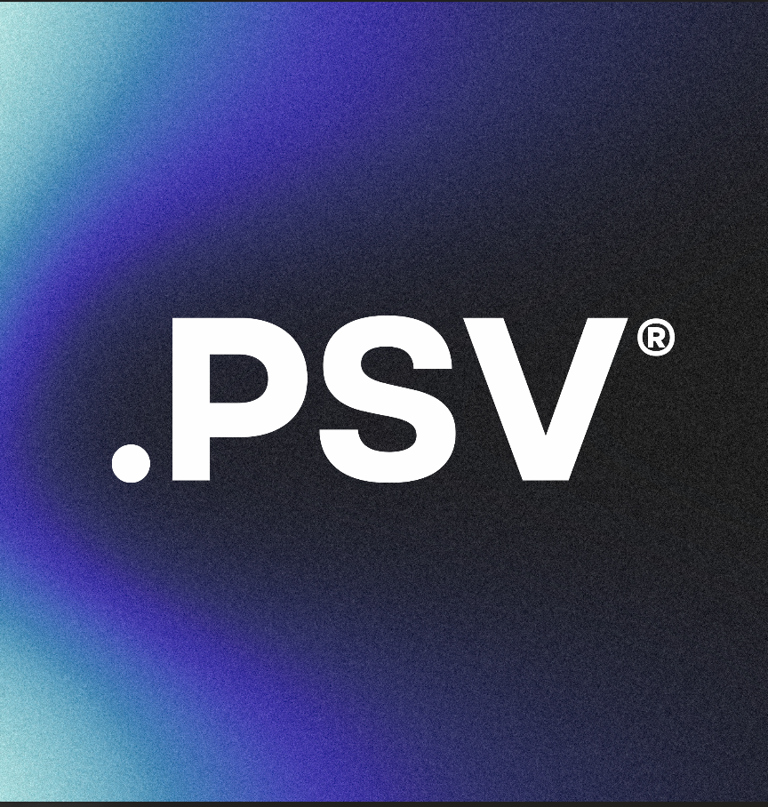 PSV registered trademark logo in bold white text on dark gradient background with blue and purple hues.