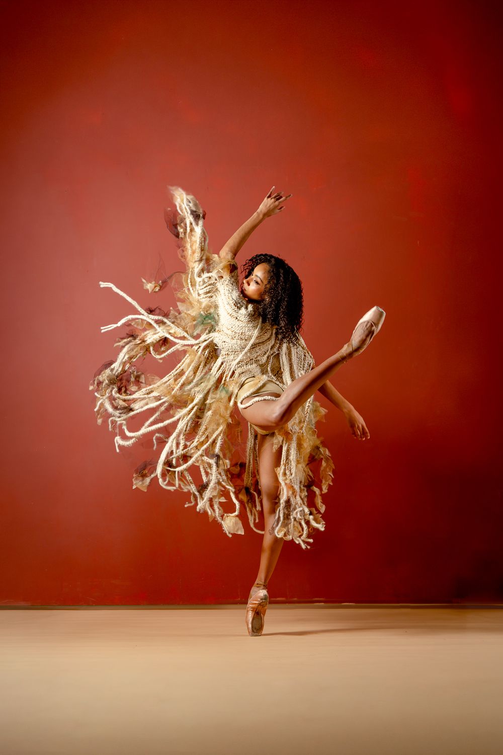 A ballet dancer in a fringed costume leaps gracefully on pointe against a rich red background.