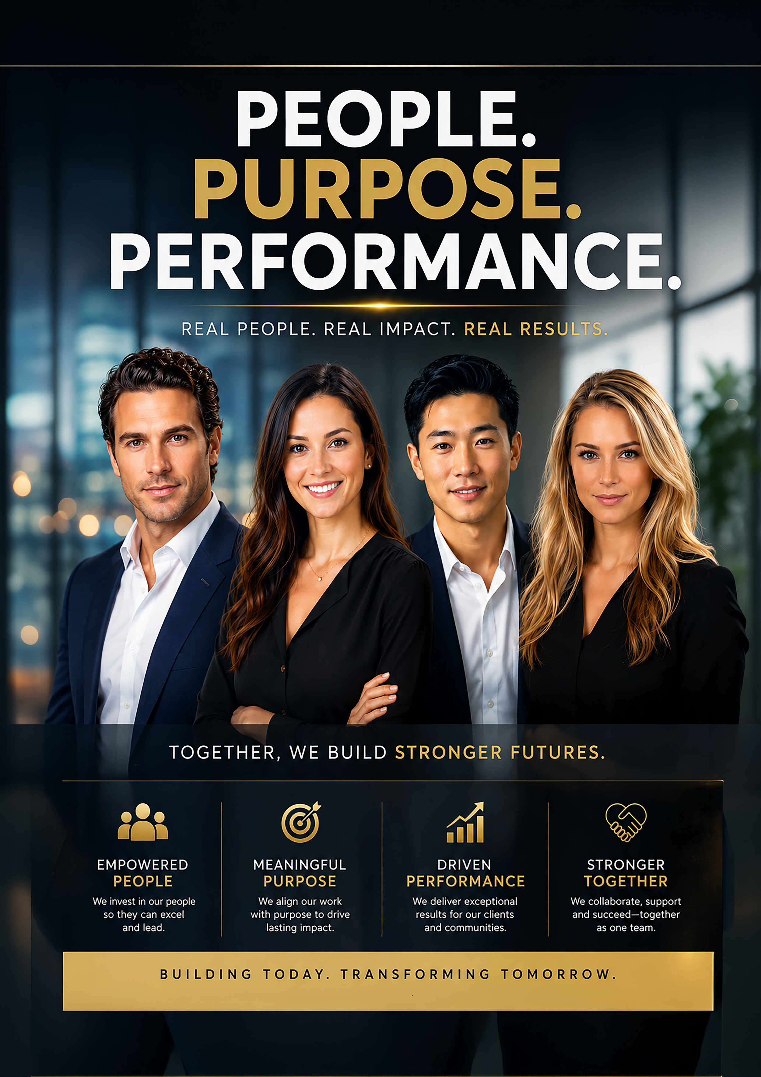 Professional team of four diverse business people posing together with motivational text about people, purpose, and performance.