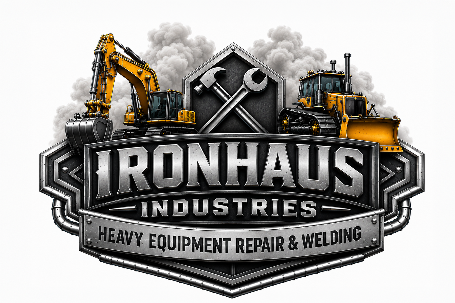 Ironhaus Industries heavy equipment repair and welding logo featuring two excavators and crossed wrenches on a metallic badge.