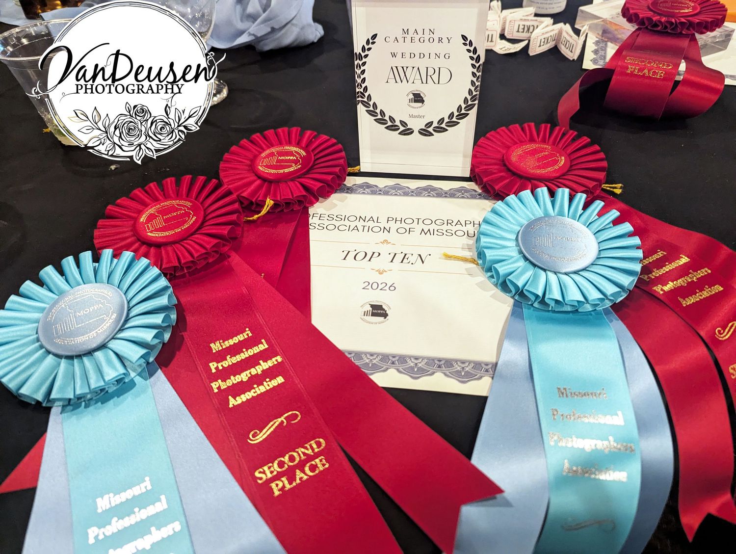 Photography awards display featuring red and blue rosettes, second place ribbon, and top ten certificate by VanDeusen's Photography.