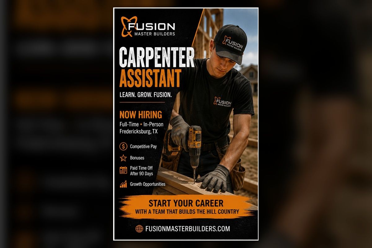 Fusion Master Builders hiring Carpenter Assistant in Fredericksburg, TX, offering competitive pay, bonuses, and growth opportunities.
