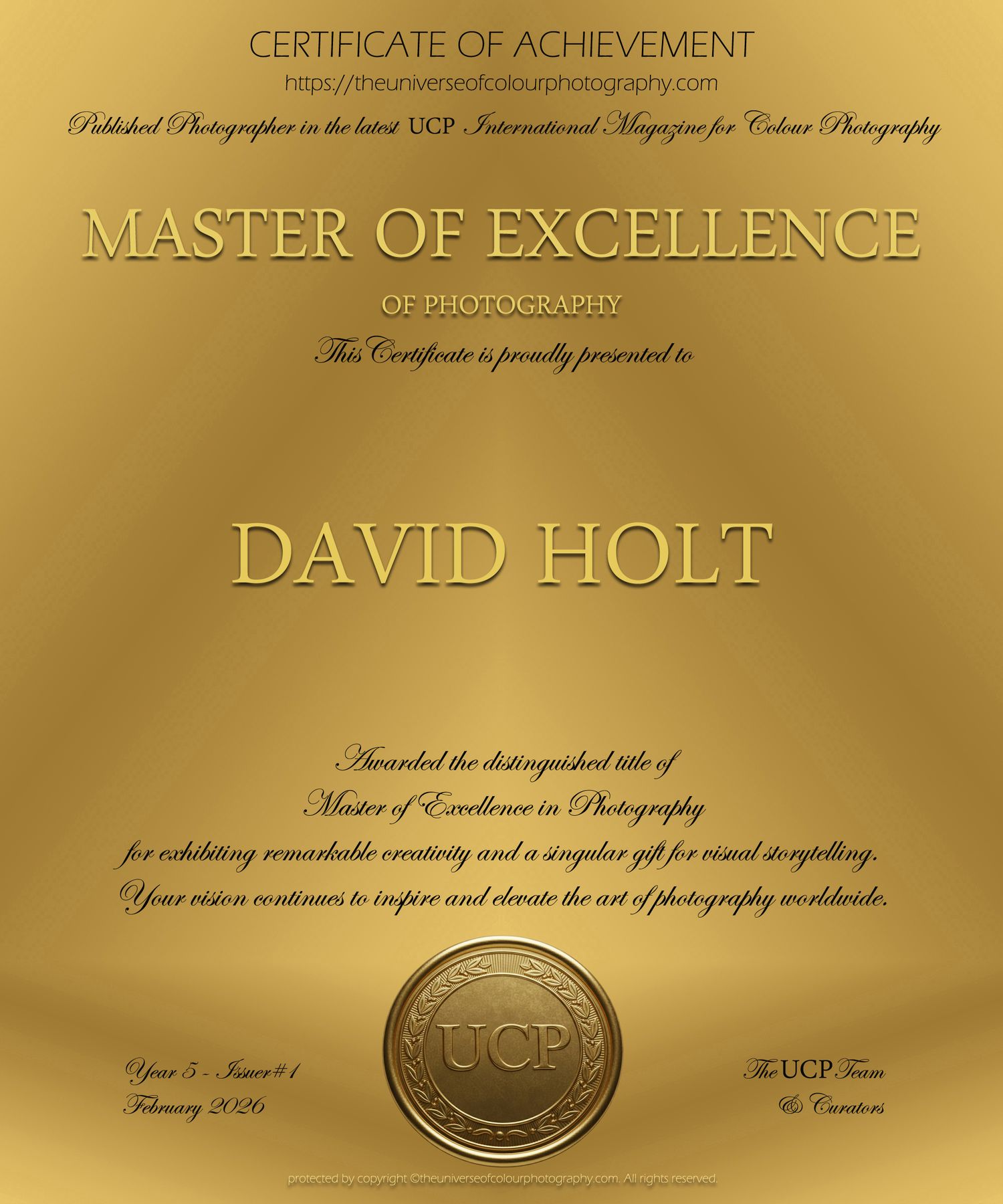 David G Holt Photography - A golden certificate of achievement for Master of Excellence in photography with an embossed seal & elegant text.