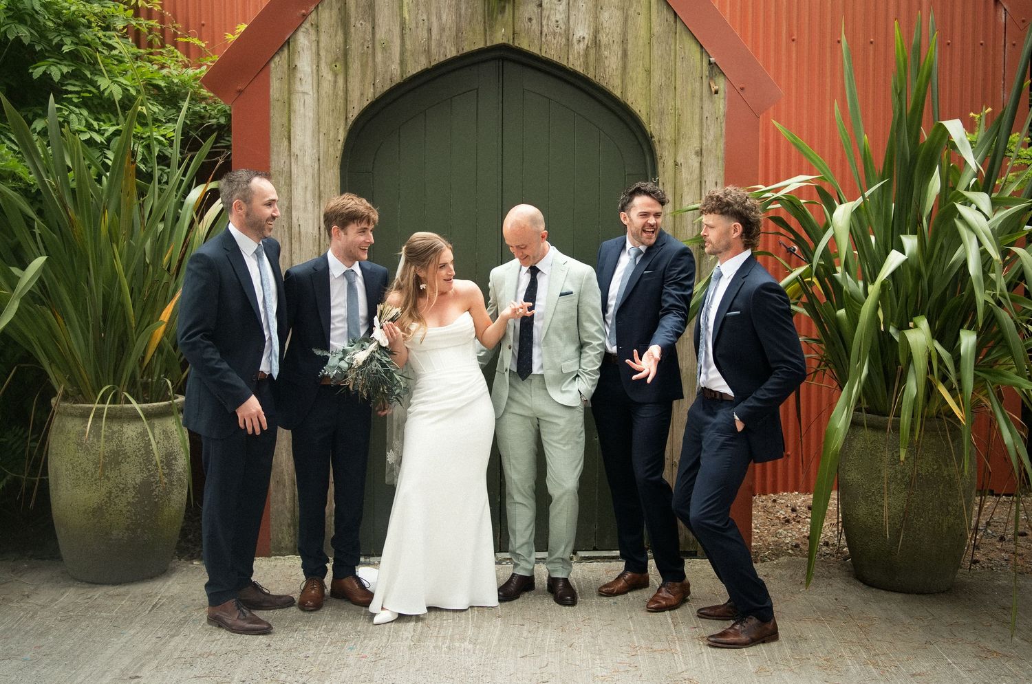 Bride and groom laughing with groomsmen in suits outside red barn with large green plants.