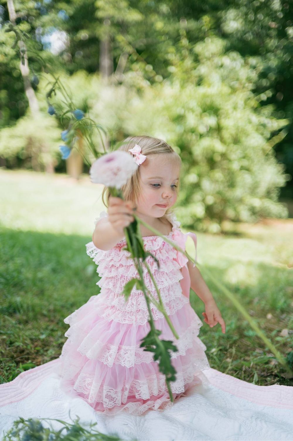 Adorable toddler girl in pink ruffled lace dress reaching for flowers while sitting on a blanket outdoors Asheboro NC