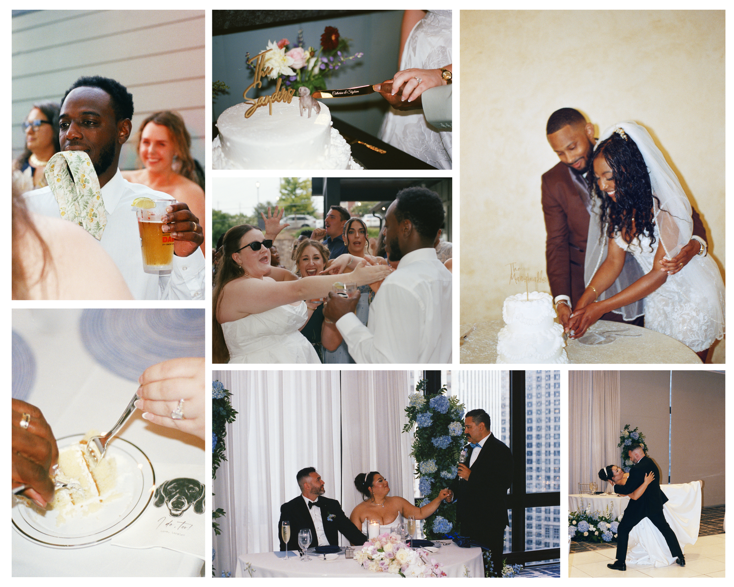 Wedding reception collage featuring cake cutting, toasts, dancing, and joyful couple celebrations in elegant venue.