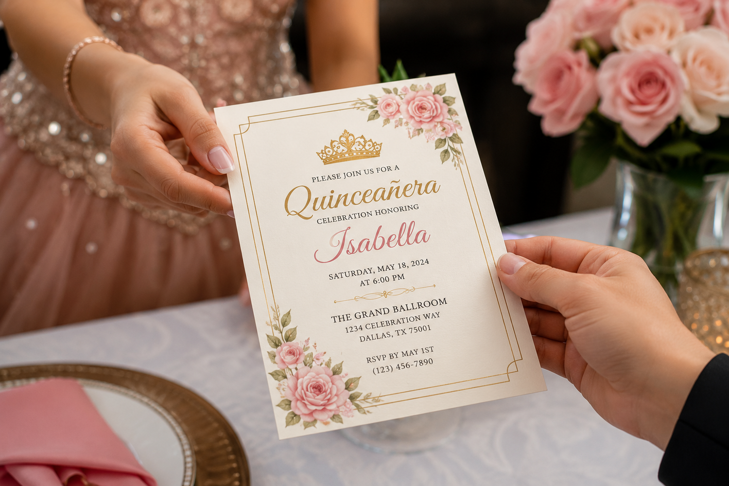 Phone displaying WhatsApp quince invitations with electronic quince invitations sent through text email and online quince invitations
