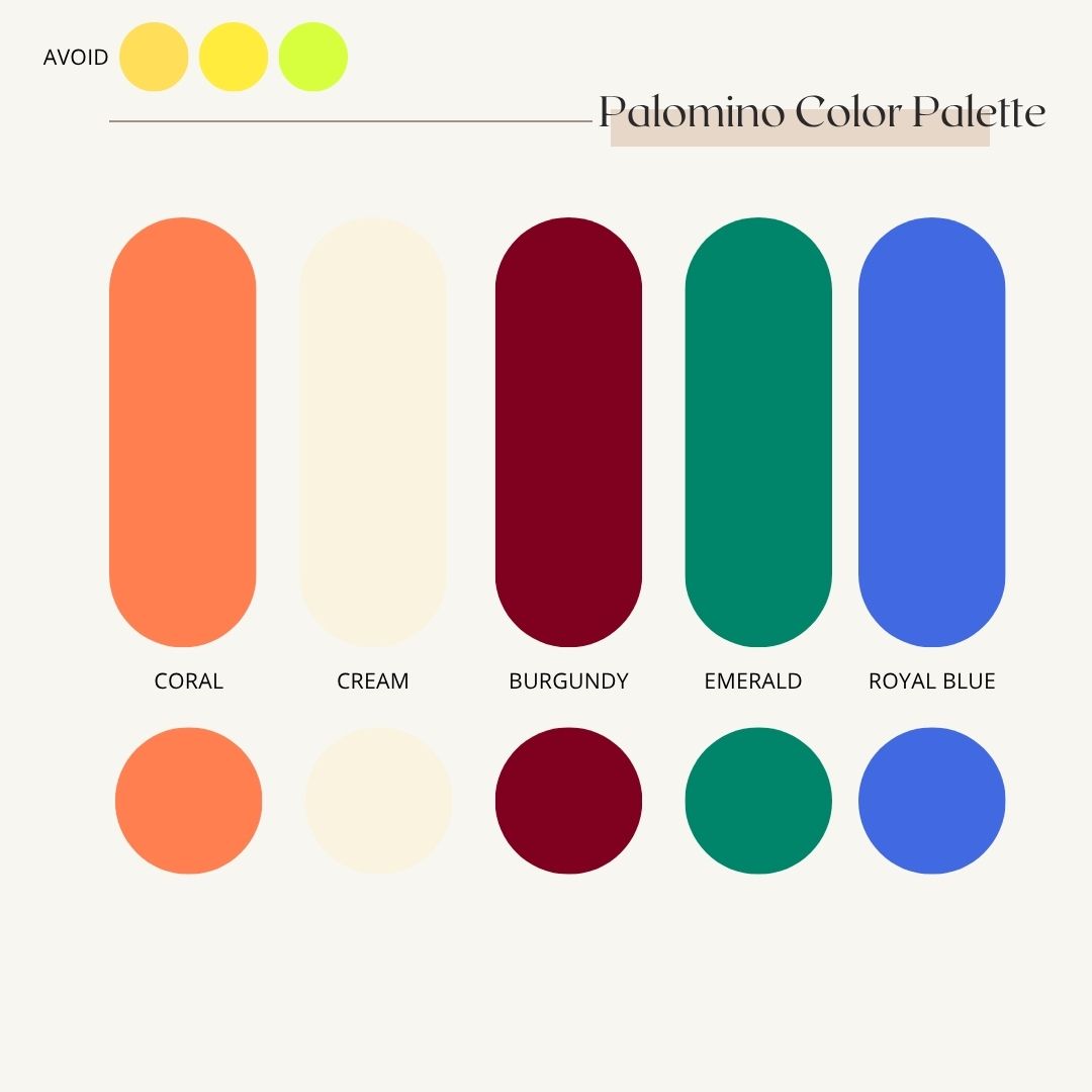 A color palette showing coral, cream, burgundy, emerald, and royal blue swatches arranged in rows with rounded rectangular shapes.