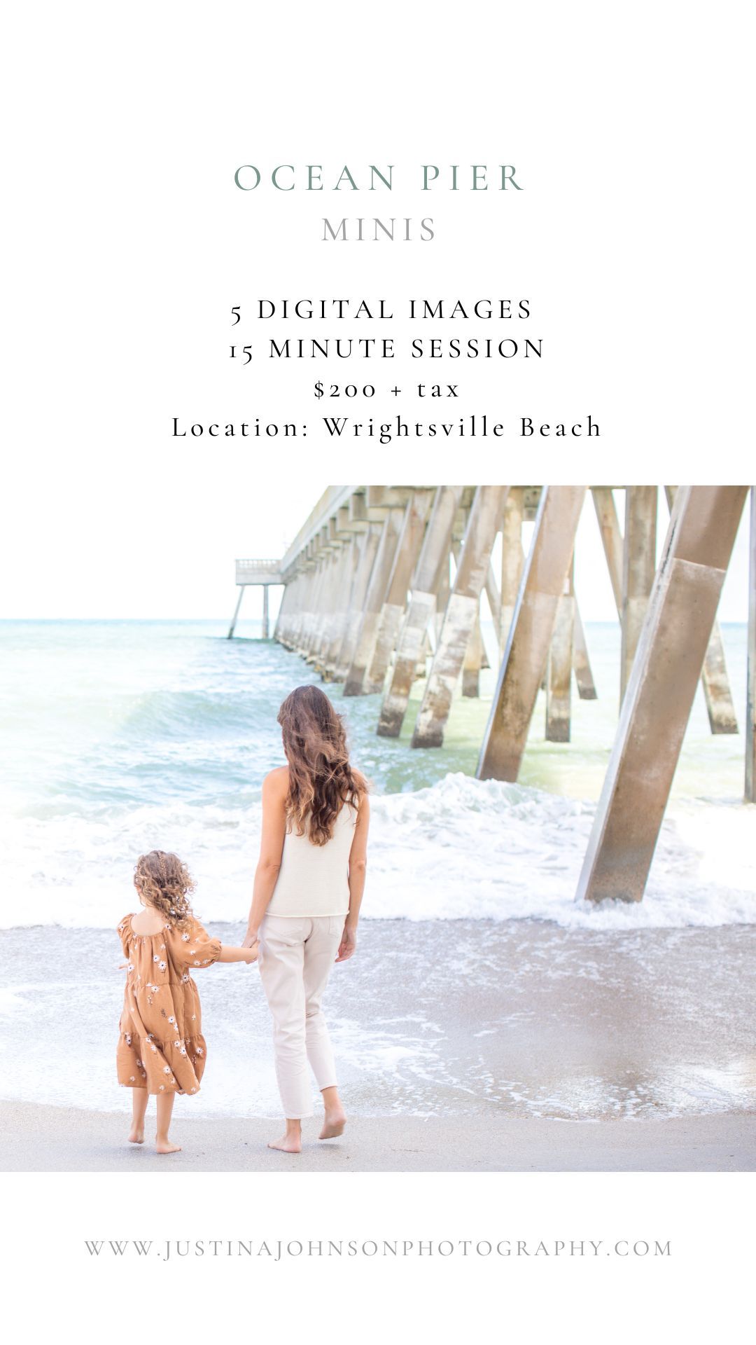 Mother and daughter holding hands at Wrightsville Beach pier, Ocean Pier Minis photography session by Justina Johnson Photography.