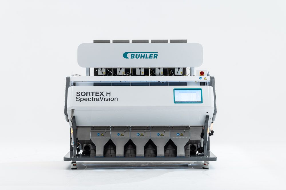 Buhler SORTEX H SpectraVision optical grain sorting machine in white and gray on a light background.