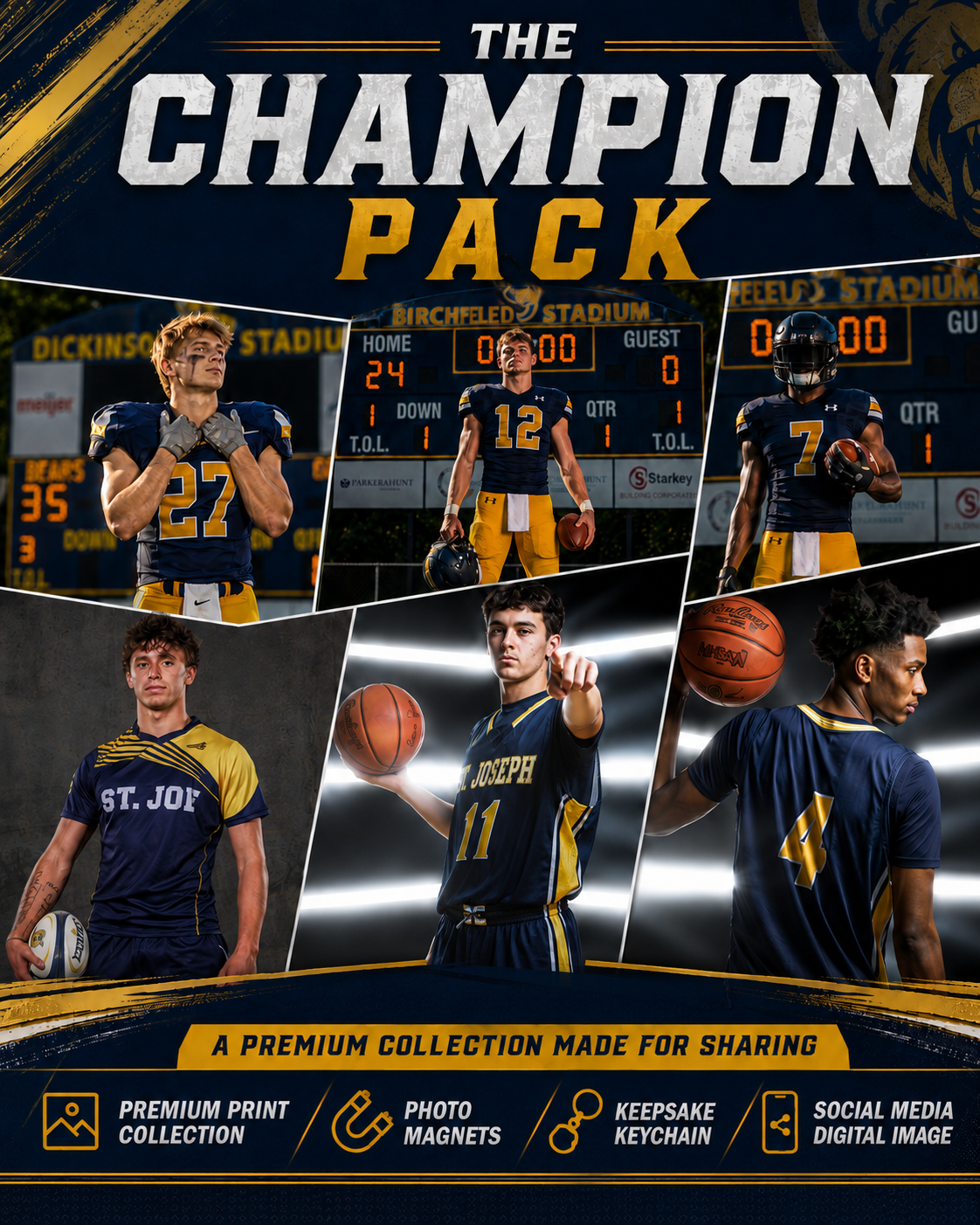 The Champion Pack premium sports photography collection featuring St. Joseph football players posing in gold and navy uniforms.