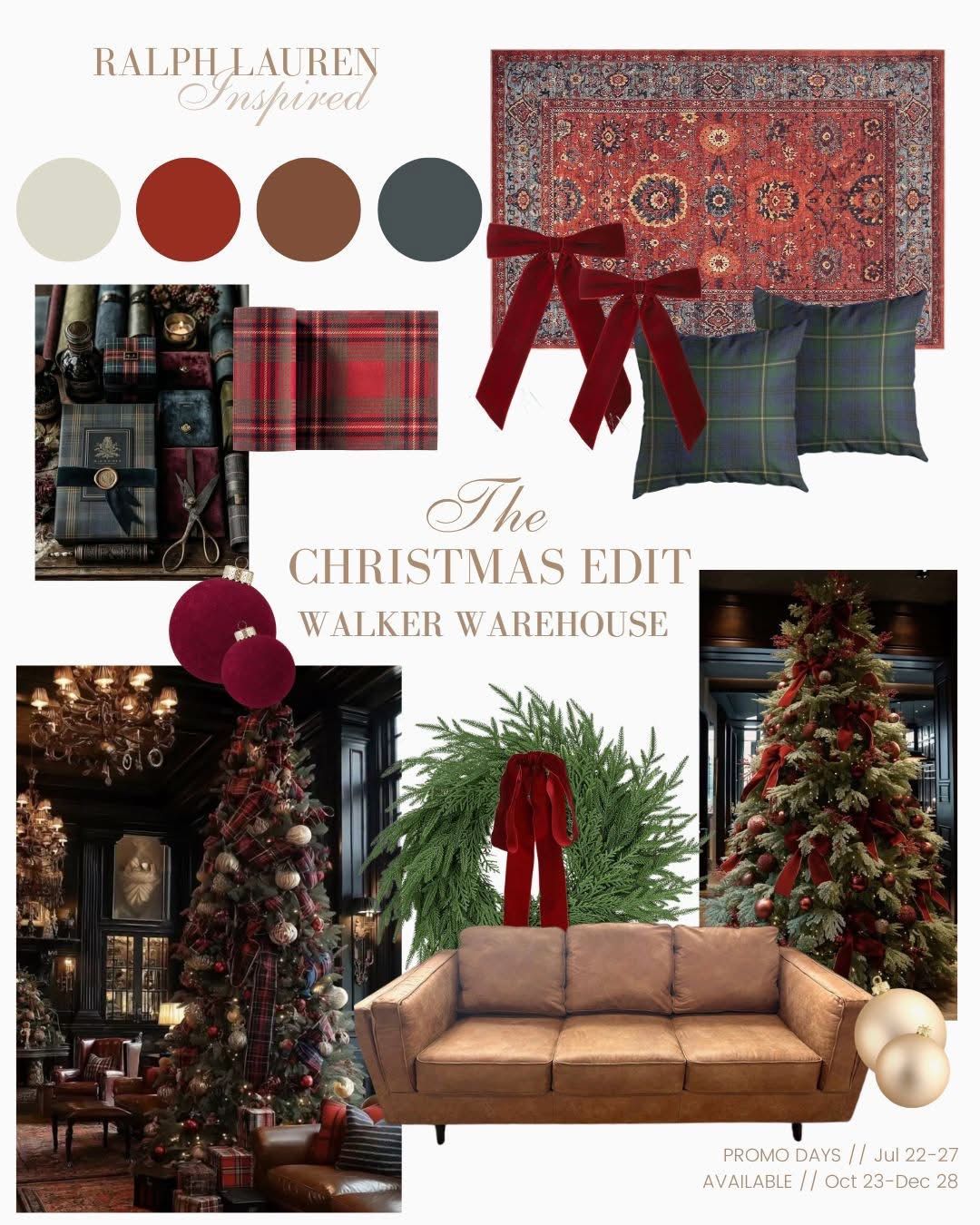 Ralph Lauren-inspired Christmas mood board featuring plaid decor, red Persian rug, tartan pillows, festive trees, and a tan leather sofa.