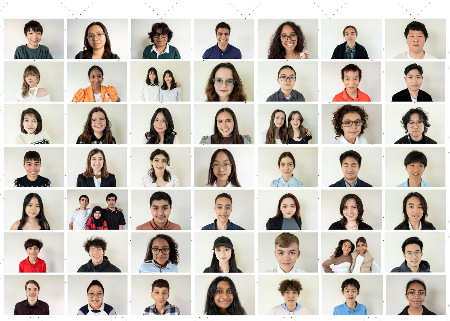 A photo collage grid showing multiple candid portraits of children in casual settings with various expressions and poses.