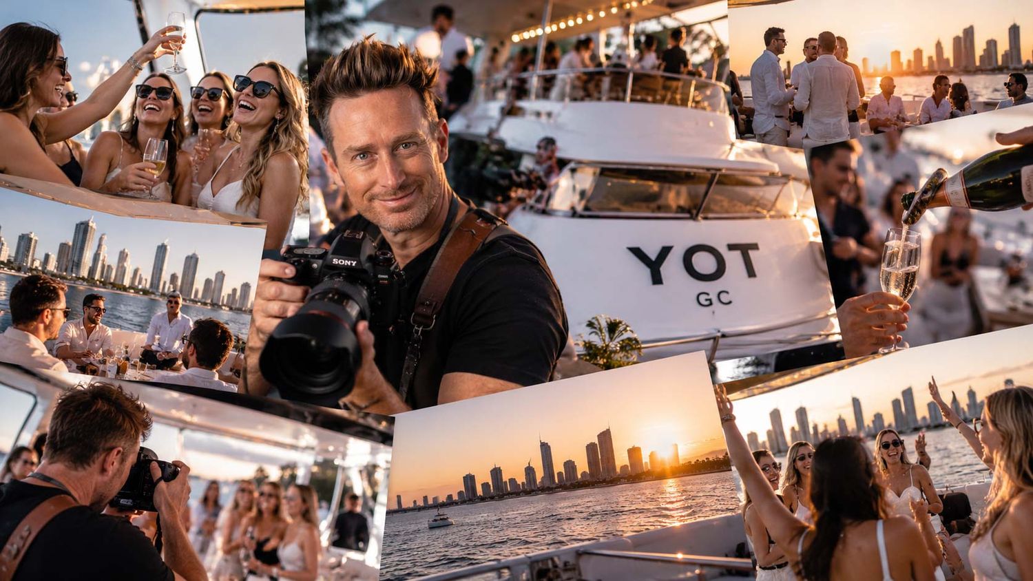 Photographer with a camera captures a sunset yacht party with guests toasting drinks on deck and a city skyline in the background.
