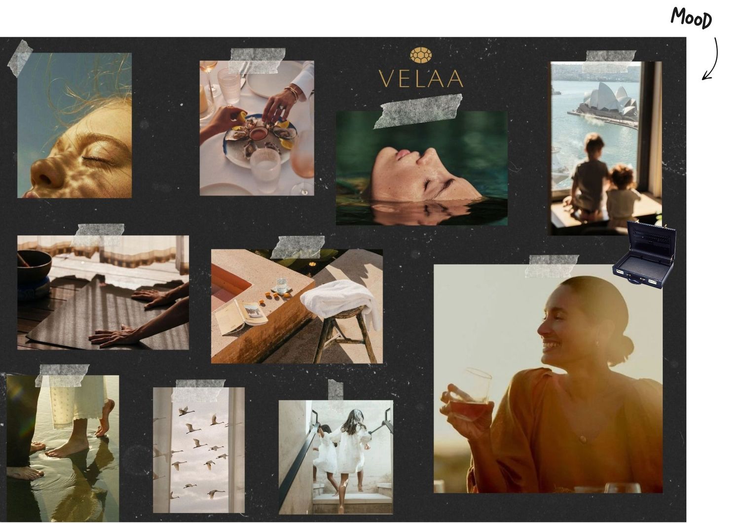 A collage of lifestyle photos featuring food, drinks, cars, and social gatherings in a vintage-inspired moodboard style.