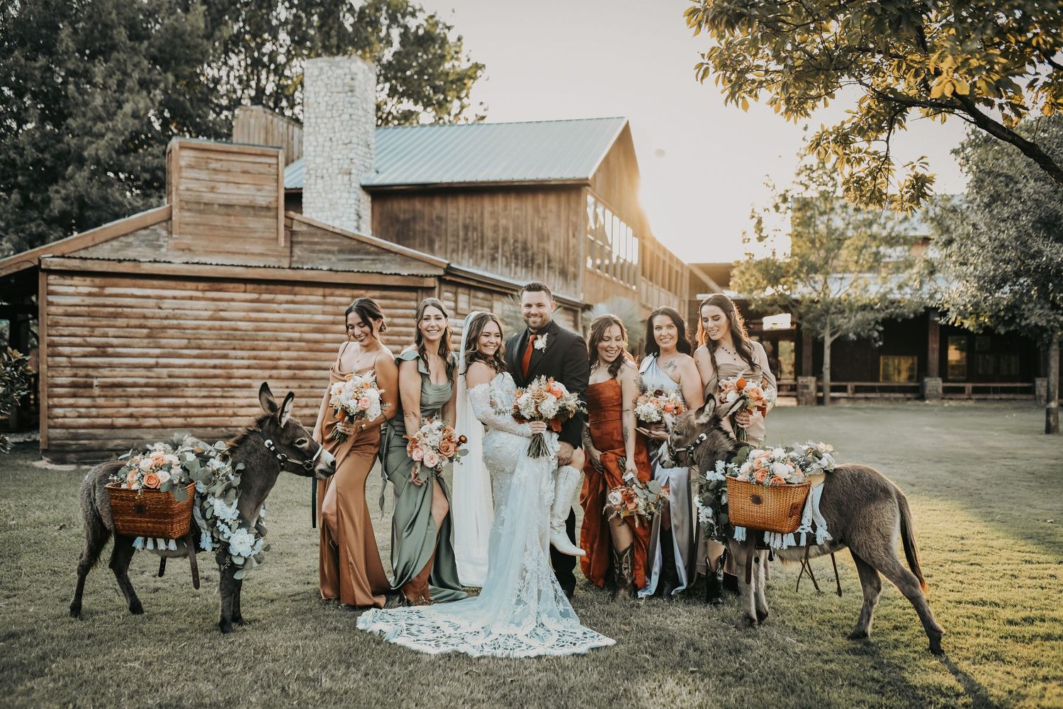 Wedding party photographed at sunset across Lucky Spur Ranch