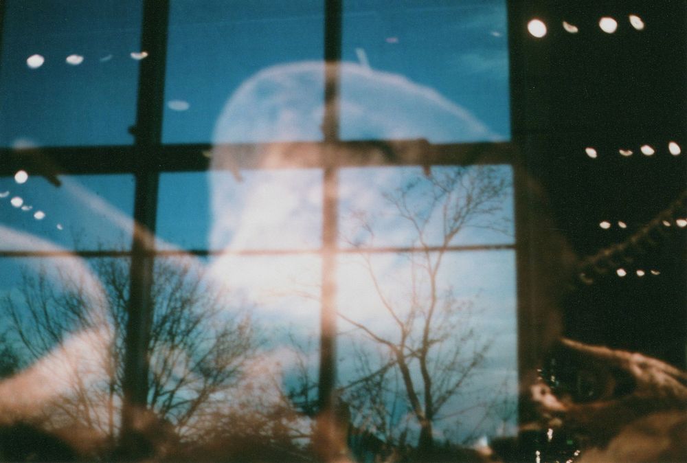 Double exposure film photo of a large window with bare winter trees against a blue sky, overlaid with a ghostly profile silhouette.