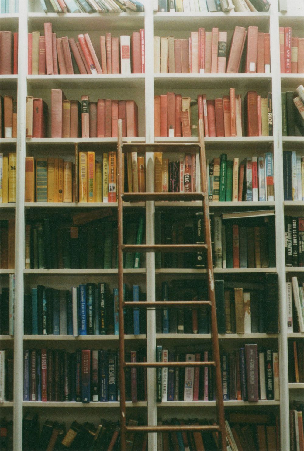 Wooden rolling ladder leaning against tall white bookshelves filled with colorful vintage books in red, green, and brown spines.