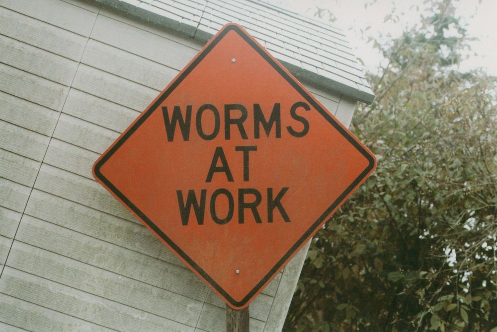 Orange diamond-shaped road sign reading "Worms at Work" mounted on a post beside a white sided building and green tree.