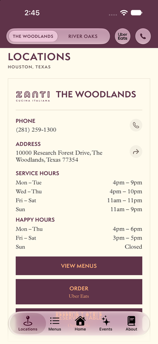 Zanti Cucina Italiana restaurant locations page showing The Woodlands Houston Texas address hours and ordering options.