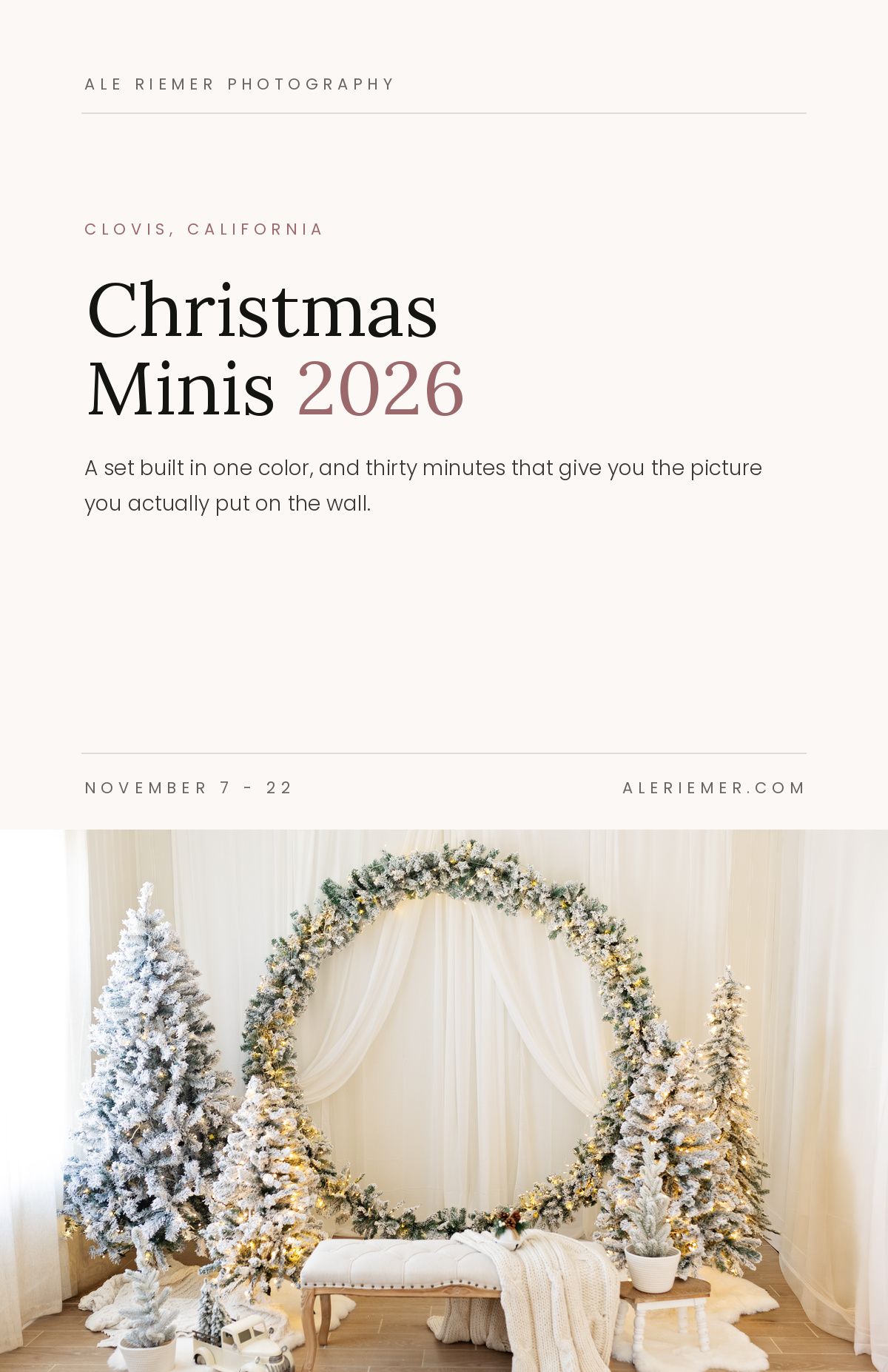 Elegant Christmas mini session setup with flocked trees and wreath in Clovis, California by Ale Riemer Photography, 2026.