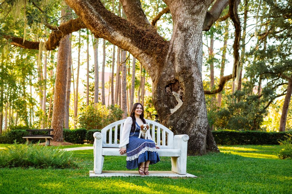 Woman in blue dress sits on white bench under large oak tree in lush green park setting.